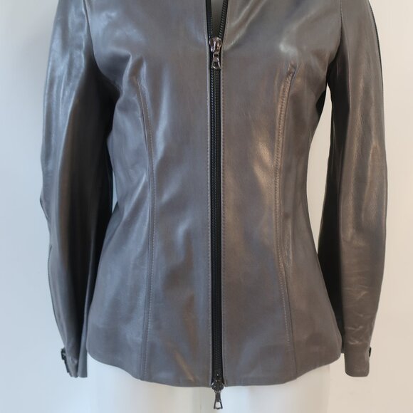Womens Shari's Place Gray Black Zipper Motif Leather Jacket 8 - Picture 5 of 16